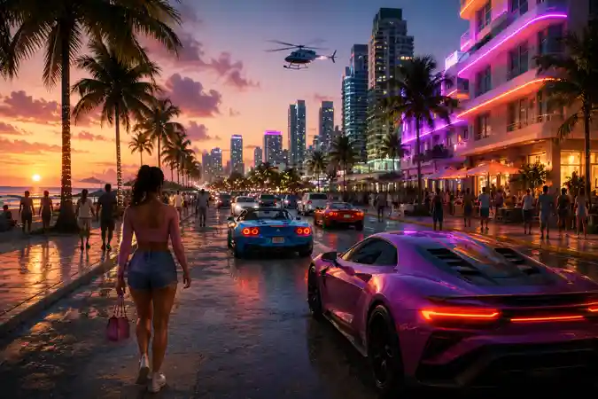 Cinematic GTA 6-inspired open-world city scene with realistic traffic, pedestrians, palm trees, and neon-lit streets featuring the Digitpatrox logo.
