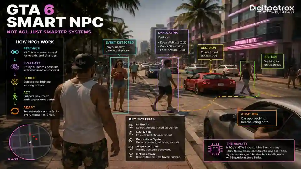 Infographic explaining how GTA 6 smart NPC systems work using utility AI, nav-mesh pathfinding, decision systems, and real-time simulation architecture in an open-world city environment.