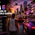Cinematic GTA 6-inspired Vice City scene showing neon streets, sports cars, crowds, and futuristic open-world simulation visuals with Digitpatrox branding.