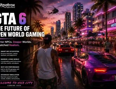 Cinematic GTA 6-inspired Vice City scene showing neon streets, sports cars, crowds, and futuristic open-world simulation visuals with Digitpatrox branding.
