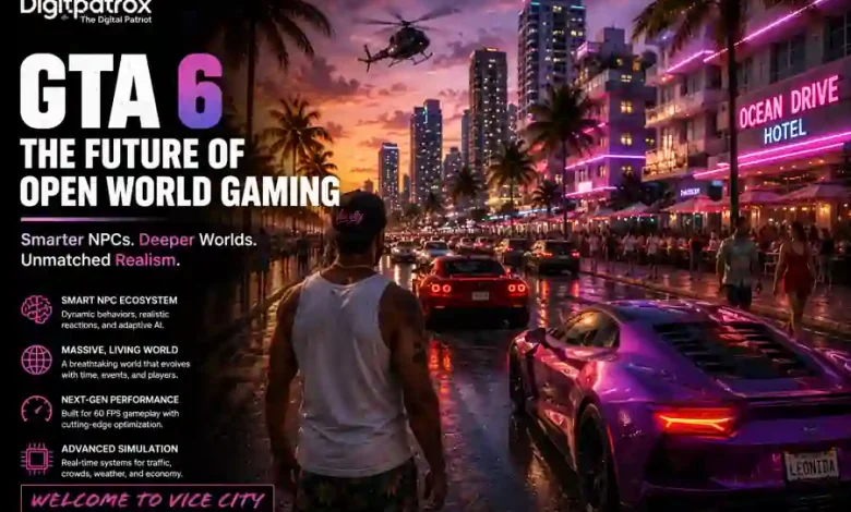 Cinematic GTA 6-inspired Vice City scene showing neon streets, sports cars, crowds, and futuristic open-world simulation visuals with Digitpatrox branding.