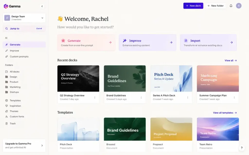 Gamma AI presentation dashboard showing AI-generated slide decks, workspace templates, presentation automation tools, and modern visual storytelling workflows.