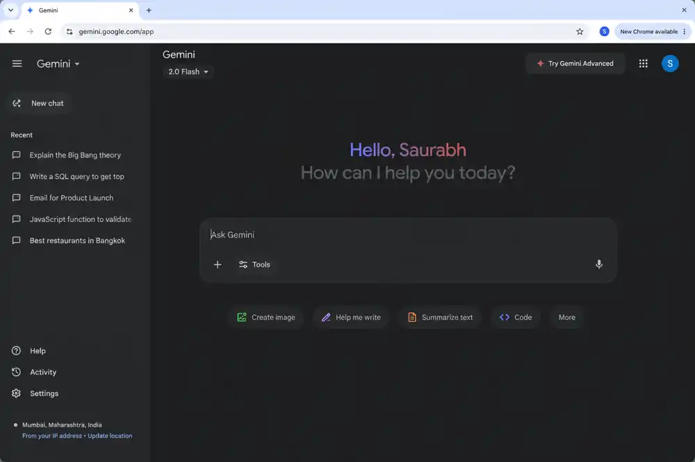 Dark-themed Gemini AI interface showing the Gemini web app dashboard with chat input, recent conversations, and AI tools in a futuristic UI layout.