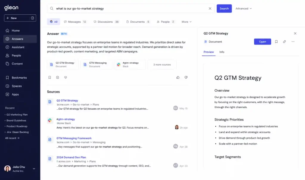 Glean enterprise AI search dashboard showing semantic search results, company documents, Slack discussions, and AI-generated answers inside a modern knowledge management workspace.