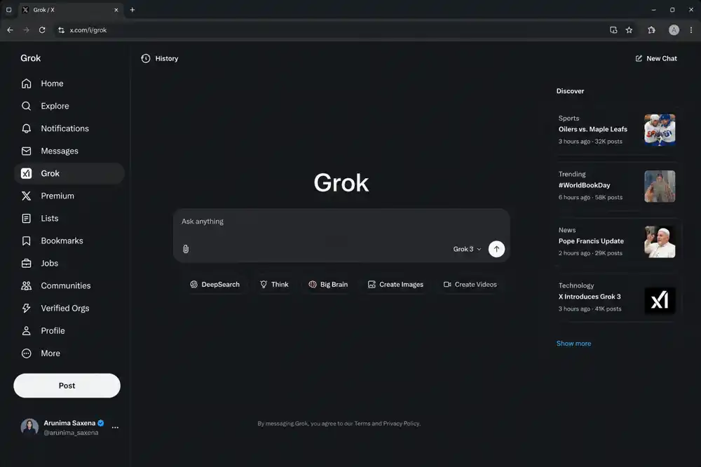 Dark-themed Grok AI interface showing the Grok chat dashboard with real-time trending topics, navigation sidebar, and conversational input area inside the X platform.