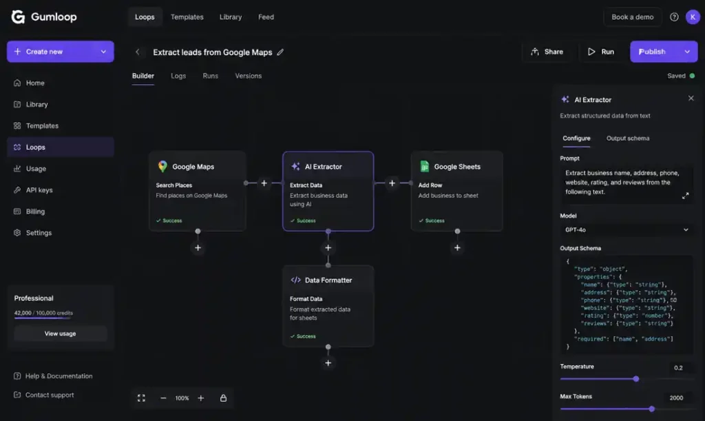 Dark-mode Gumloop workflow automation dashboard featuring AI extraction nodes, browser automation workflows, Google Sheets integration, and structured data pipelines.