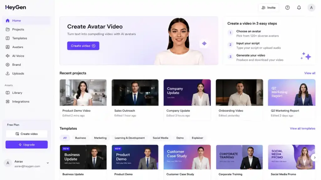 HeyGen AI video generation dashboard showing AI avatars, multilingual video creation tools, automated video templates, and personalized content workflows.