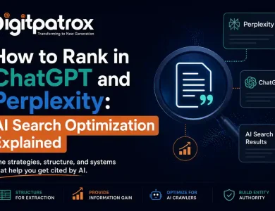 Featured image for an AI search optimization guide showing Digitpatrox branding, ChatGPT and Perplexity references, and visual elements representing AI retrieval, citations, and search visibility.