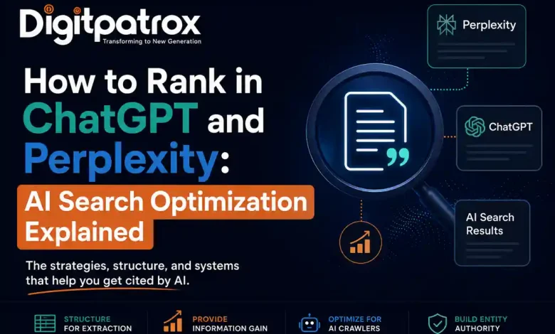 Featured image for an AI search optimization guide showing Digitpatrox branding, ChatGPT and Perplexity references, and visual elements representing AI retrieval, citations, and search visibility.