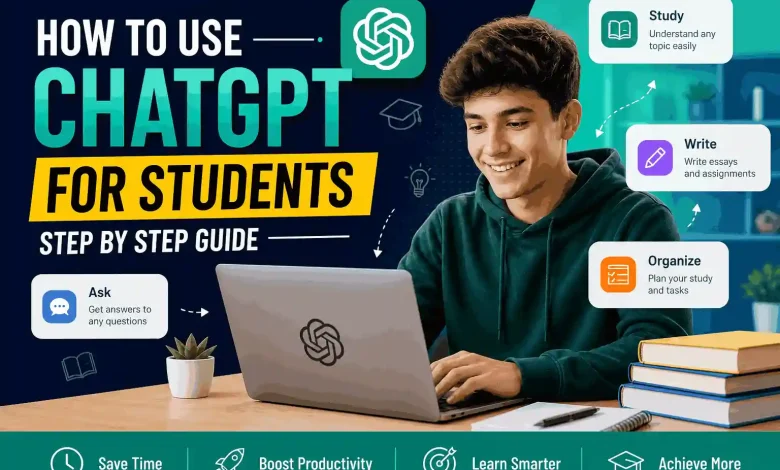 How to Use ChatGPT for Students Guide showing how students can use ChatGPT for studying writing assignments and productivity