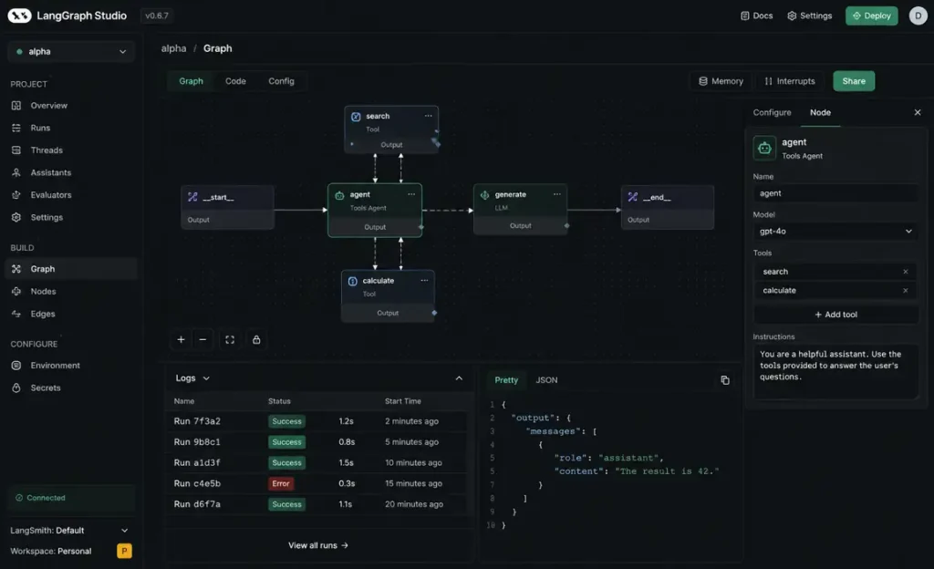 LangGraph Studio interface showing AI agent workflow orchestration, connected reasoning nodes, agent memory systems, execution logs, and graph-based automation pipelines.