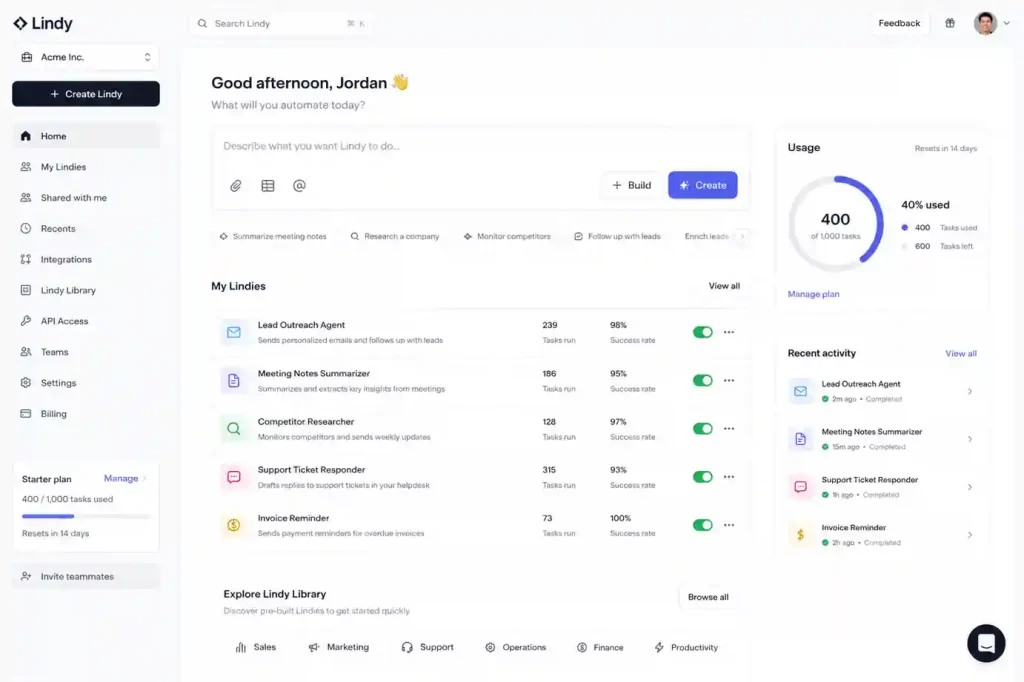Modern Lindy AI dashboard interface showing AI assistants, workflow automation, task execution, integrations, and productivity management tools.