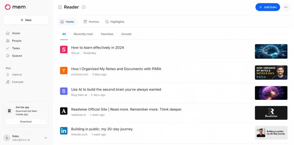 Minimalist Mem.ai Reader dashboard interface showing a curated reading list with article previews, sidebar navigation, and AI knowledge management layout.