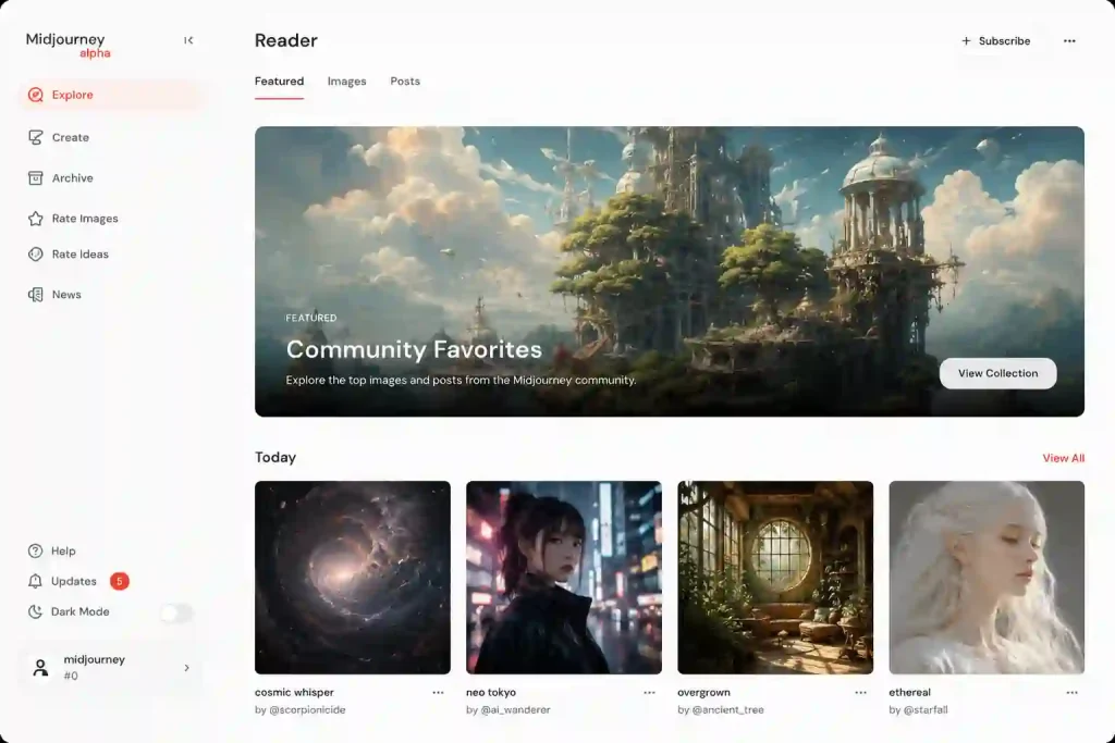 Modern Midjourney v7 Reader interface displaying AI-generated artwork collections, featured community creations, and creative discovery dashboard layout.