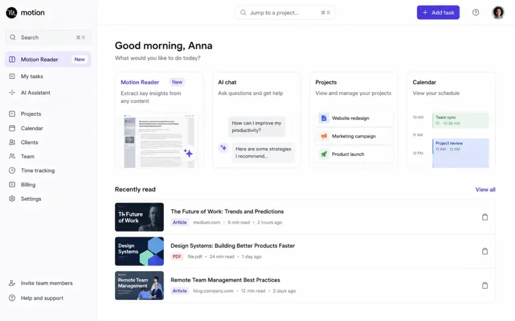 Motion AI productivity dashboard showing intelligent task scheduling, calendar automation, AI assistant tools, project management, and workflow organization features.