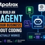 Illustration showing a no-code AI agent workflow using GPT-4o, automation tools, data retrieval, approvals, and business workflow orchestration.
