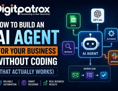 Illustration showing a no-code AI agent workflow using GPT-4o, automation tools, data retrieval, approvals, and business workflow orchestration.