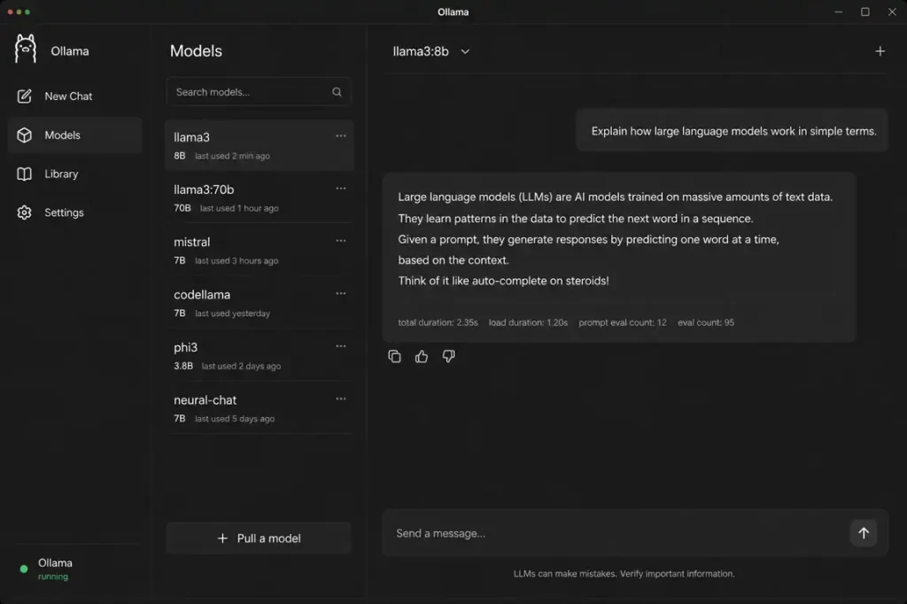 Dark-themed Ollama desktop interface showing local AI model management, Llama 3 chat interaction, offline large language models, and self-hosted AI workflows.
