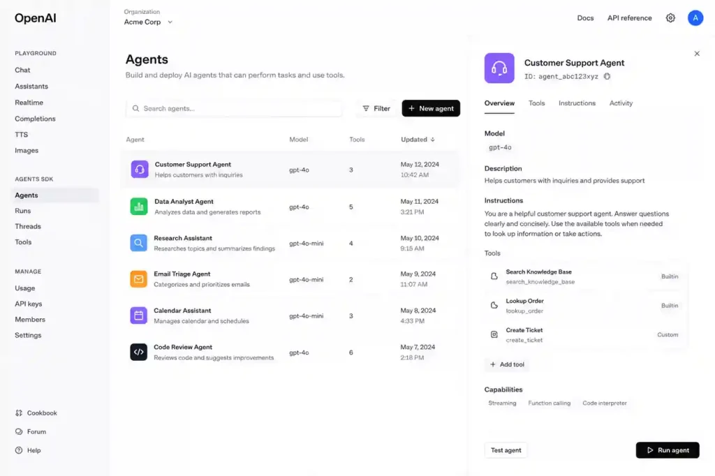 Modern OpenAI Agents SDK dashboard interface showing AI agent orchestration, tool management, workflow monitoring, and production agent controls.
