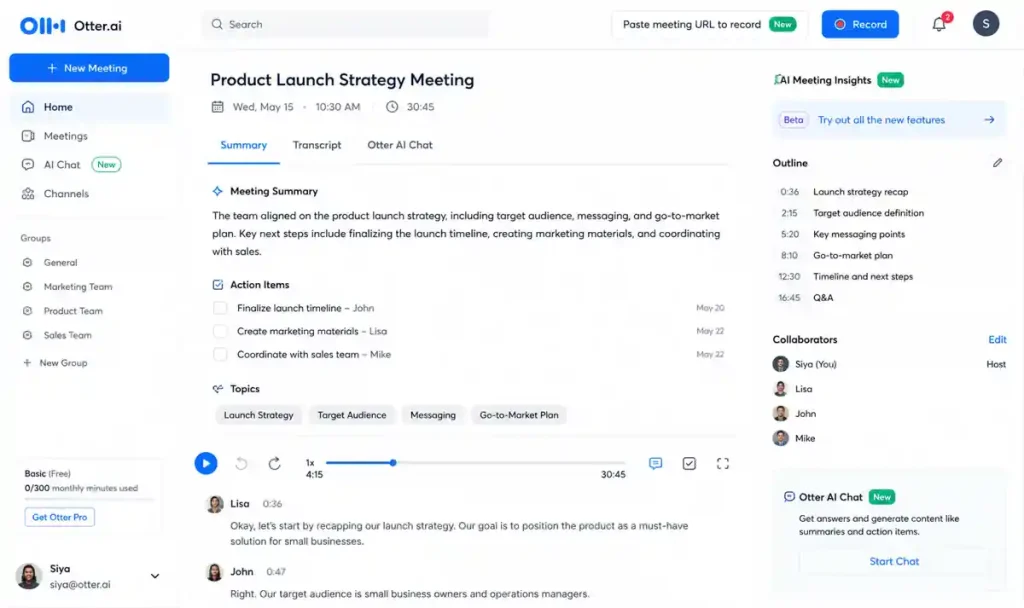 Otter.ai meeting assistant interface showing AI-generated meeting summaries, transcripts, action items, speaker timelines, and collaborative meeting insights in a modern workspace.