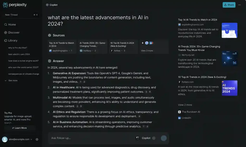 Dark-mode Perplexity AI search interface showing AI-generated answers, cited research sources, trending AI topics, and real-time web synthesis inside a modern research workspace.