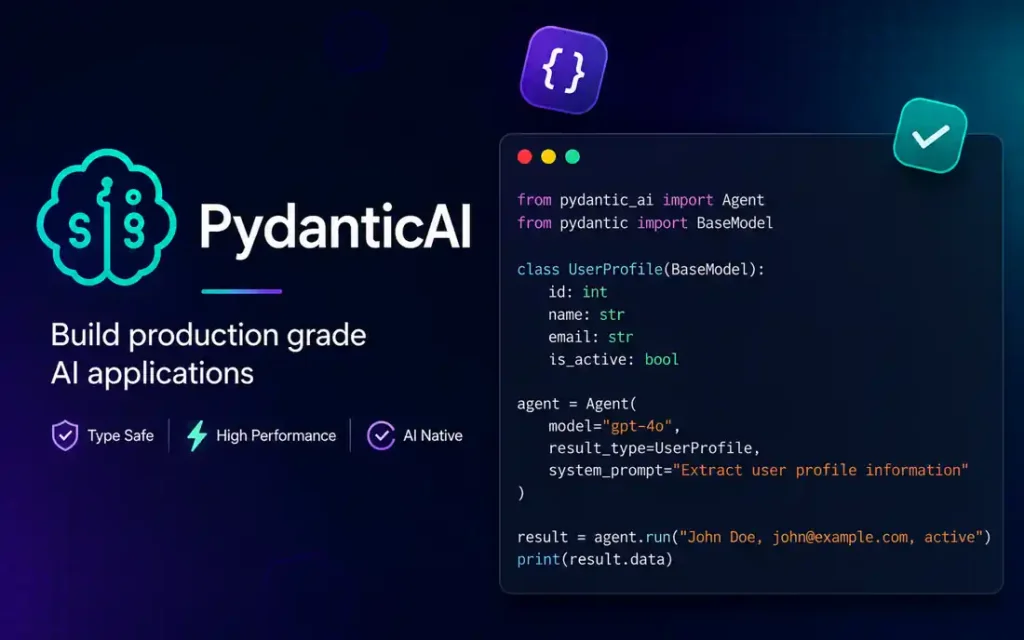 Modern PydanticAI banner featuring structured AI workflows, Python code examples, schema validation, and production-grade AI application development.