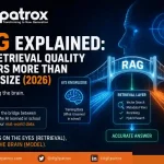 Futuristic RAG architecture illustration showing retrieval quality, vector search, metadata filtering, and AI knowledge connected to private company data.