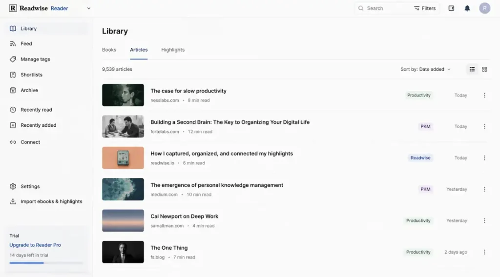 Readwise Reader interface showing AI-powered article organization, reading lists, knowledge management tools, highlights, and personal productivity workflows.