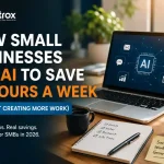 Modern workspace with laptop showing AI automation tools for small businesses, featuring the Digitpatrox logo.
