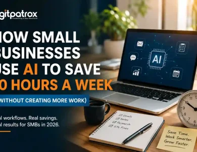 Modern workspace with laptop showing AI automation tools for small businesses, featuring the Digitpatrox logo.