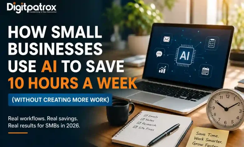 Modern workspace with laptop showing AI automation tools for small businesses, featuring the Digitpatrox logo.