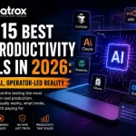 Futuristic featured image showing the best AI productivity tools in 2026 including Cursor, Claude, n8n, Perplexity, Glean, Ollama, and Otter.ai around a glowing AI-powered laptop with Digitpatrox branding.