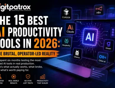 Futuristic featured image showing the best AI productivity tools in 2026 including Cursor, Claude, n8n, Perplexity, Glean, Ollama, and Otter.ai around a glowing AI-powered laptop with Digitpatrox branding.