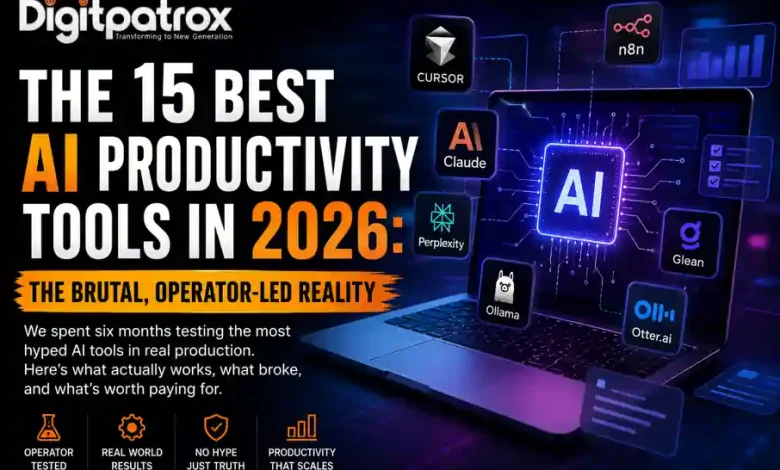 Futuristic featured image showing the best AI productivity tools in 2026 including Cursor, Claude, n8n, Perplexity, Glean, Ollama, and Otter.ai around a glowing AI-powered laptop with Digitpatrox branding.