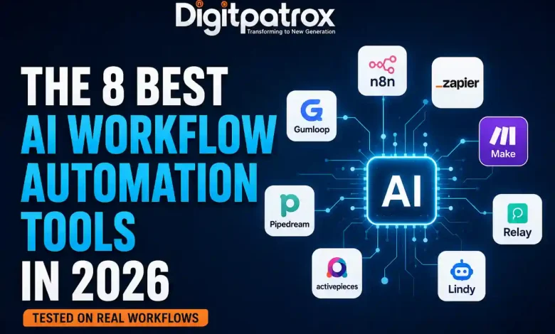 Featured image showing the best AI workflow automation tools in 2026 including n8n, Zapier, Make, Gumloop, Pipedream, Relay, Activepieces, and Lindy connected around an AI orchestration hub.