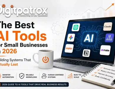 Featured image showing AI tools and automation software for small businesses in 2026 with laptop dashboard, workflow icons, and Digitpatrox branding.