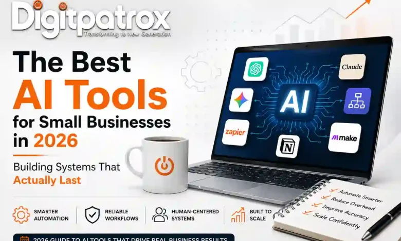 Featured image showing AI tools and automation software for small businesses in 2026 with laptop dashboard, workflow icons, and Digitpatrox branding.