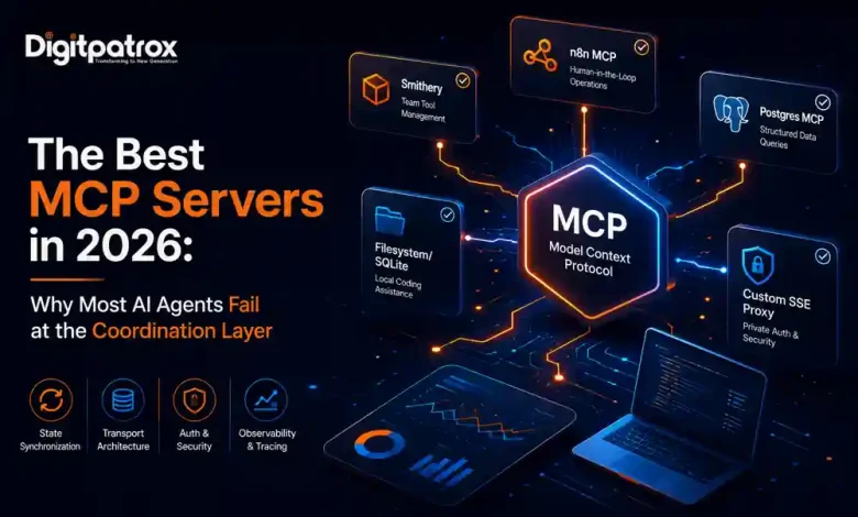 Futuristic MCP server infrastructure banner featuring Digitpatrox branding, MCP architecture, Smithery, n8n MCP, Postgres MCP, and AI orchestration visuals.