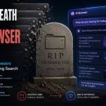 Illustration of the death of browser tabs with an AI-powered browser interface replacing traditional web search and multi-tab browsing.
