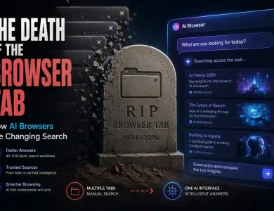 Illustration of the death of browser tabs with an AI-powered browser interface replacing traditional web search and multi-tab browsing.