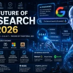 Futuristic AI search engine illustration showing Agentic AI, Google E-E-A-T, GEO SEO, AI search engines, and autonomous AI systems transforming search and digital marketing in 2026.