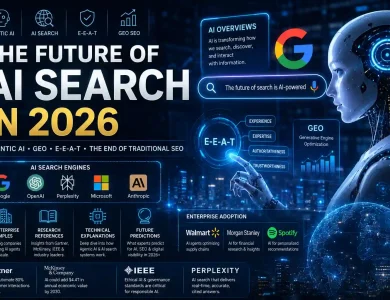 Futuristic AI search engine illustration showing Agentic AI, Google E-E-A-T, GEO SEO, AI search engines, and autonomous AI systems transforming search and digital marketing in 2026.