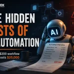 Futuristic AI robot reviewing a costly automation bill with infrastructure and maintenance expenses beside the title “The Hidden Costs of AI Automation.”