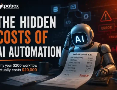 Futuristic AI robot reviewing a costly automation bill with infrastructure and maintenance expenses beside the title “The Hidden Costs of AI Automation.”