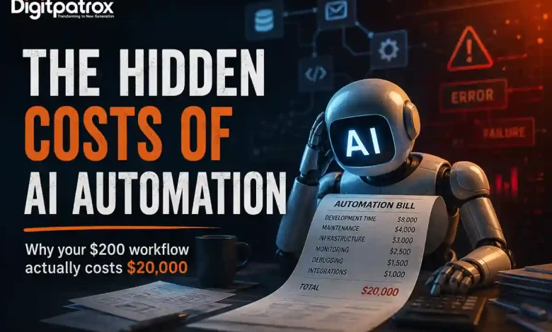 Futuristic AI robot reviewing a costly automation bill with infrastructure and maintenance expenses beside the title “The Hidden Costs of AI Automation.”
