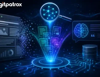 Futuristic illustration of AI search retrieval systems showing semantic data extraction, vector search, machine-readable content, and AI-generated answers with the Digitpatrox logo.