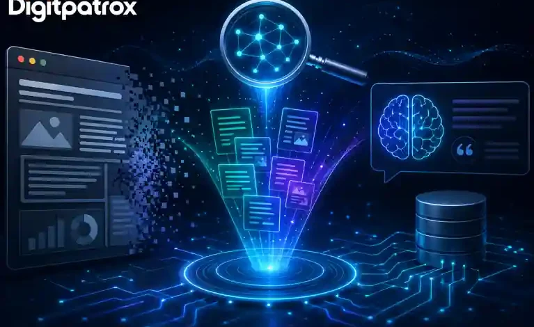 Futuristic illustration of AI search retrieval systems showing semantic data extraction, vector search, machine-readable content, and AI-generated answers with the Digitpatrox logo.