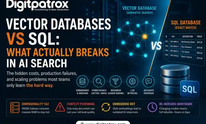 Illustration comparing vector databases and SQL databases for AI search and RAG systems, showing semantic search, hybrid retrieval, embeddings, and infrastructure scaling challenges.