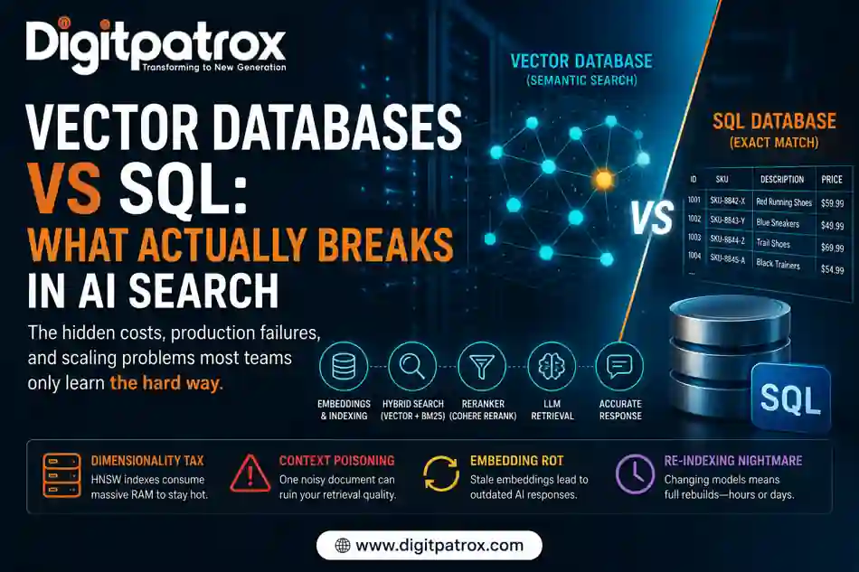 Illustration comparing vector databases and SQL databases for AI search and RAG systems, showing semantic search, hybrid retrieval, embeddings, and infrastructure scaling challenges.