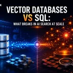 Futuristic illustration comparing vector databases and SQL databases for AI search systems, showing semantic vector networks, structured relational databases, and hybrid retrieval infrastructure with Digitpatrox branding.